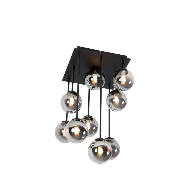 Moderne plafondlamp zwart 9-lichts met smoke glas - Athens