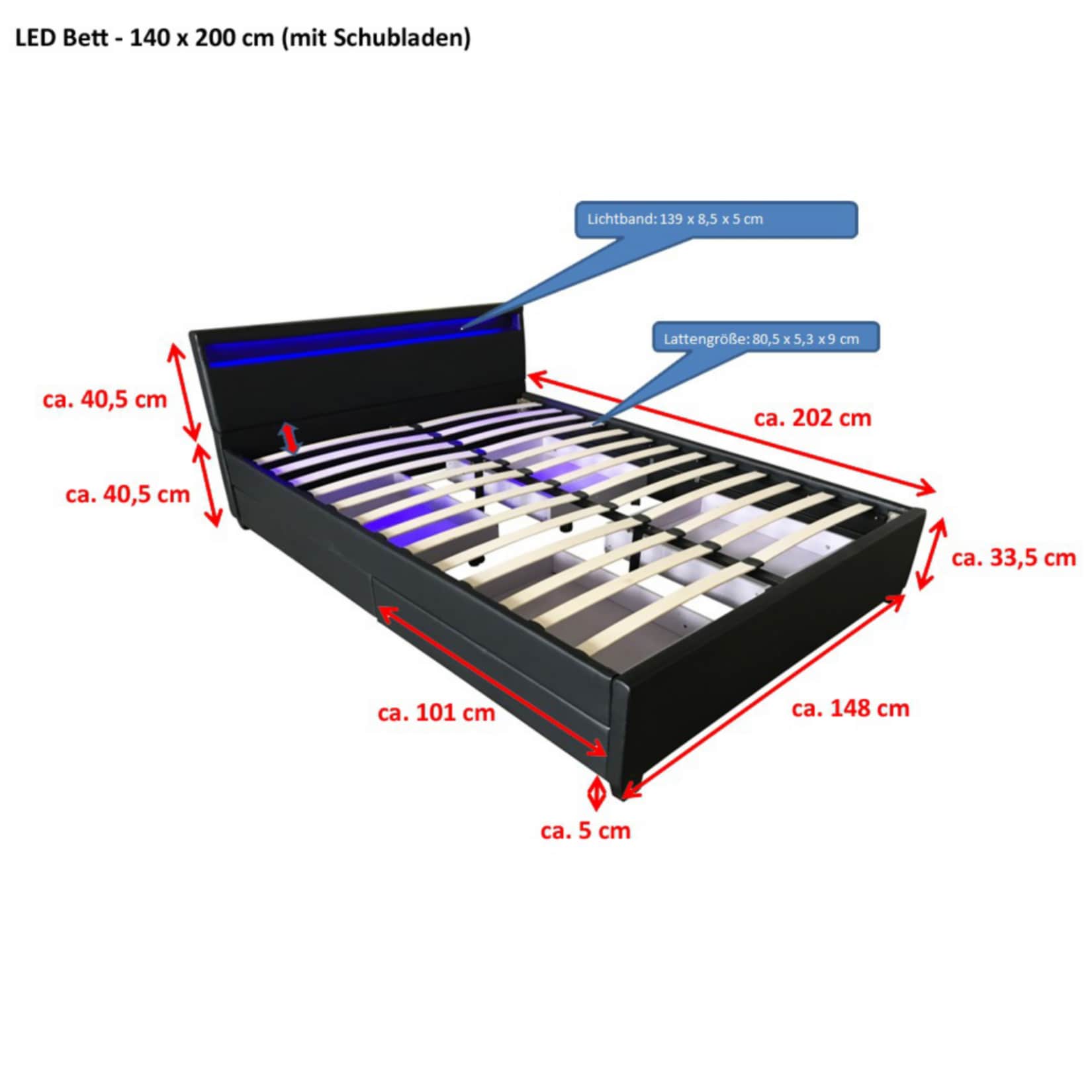 HOME DELUXE LED Bett Nube mit Schubladen 140x200 - versch. Farben - Dunkelgrau