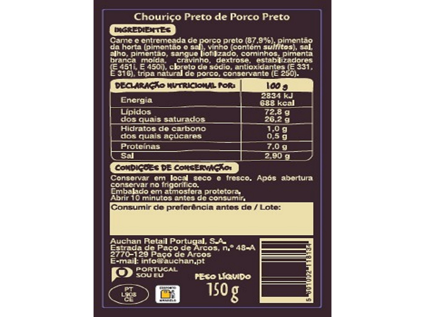 CHOURIÇO PRETO DE PORCO PRETO AUCHAN À MESA EM PORTUGAL CULTIVAMOS O BOM ALENTEJO 150G
