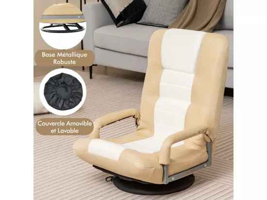 Fauteuil Pliable de Sol, Chaise de Jeu avec Dossier Réglable sur 6 Positions et Base Pivotante à 360°, Cadre en Métal Robuste (Brun Clair)
