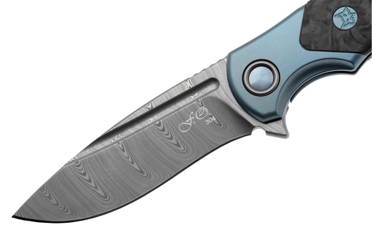 Fox 40 Years Anniversary Knife FX-F2017-D Damasteel DS93X Gysinge Pattern, Marble Carbon Fiber, Blue Oxidized Titanium, zakmes