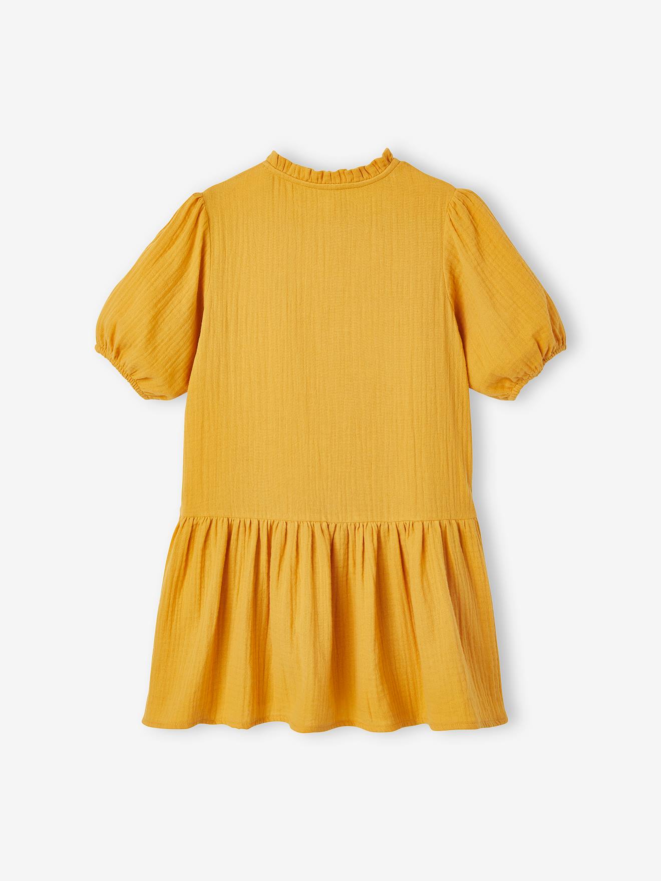 Vestido rosa de chiffon de algodão com botões e mangas 3/4 para meninas