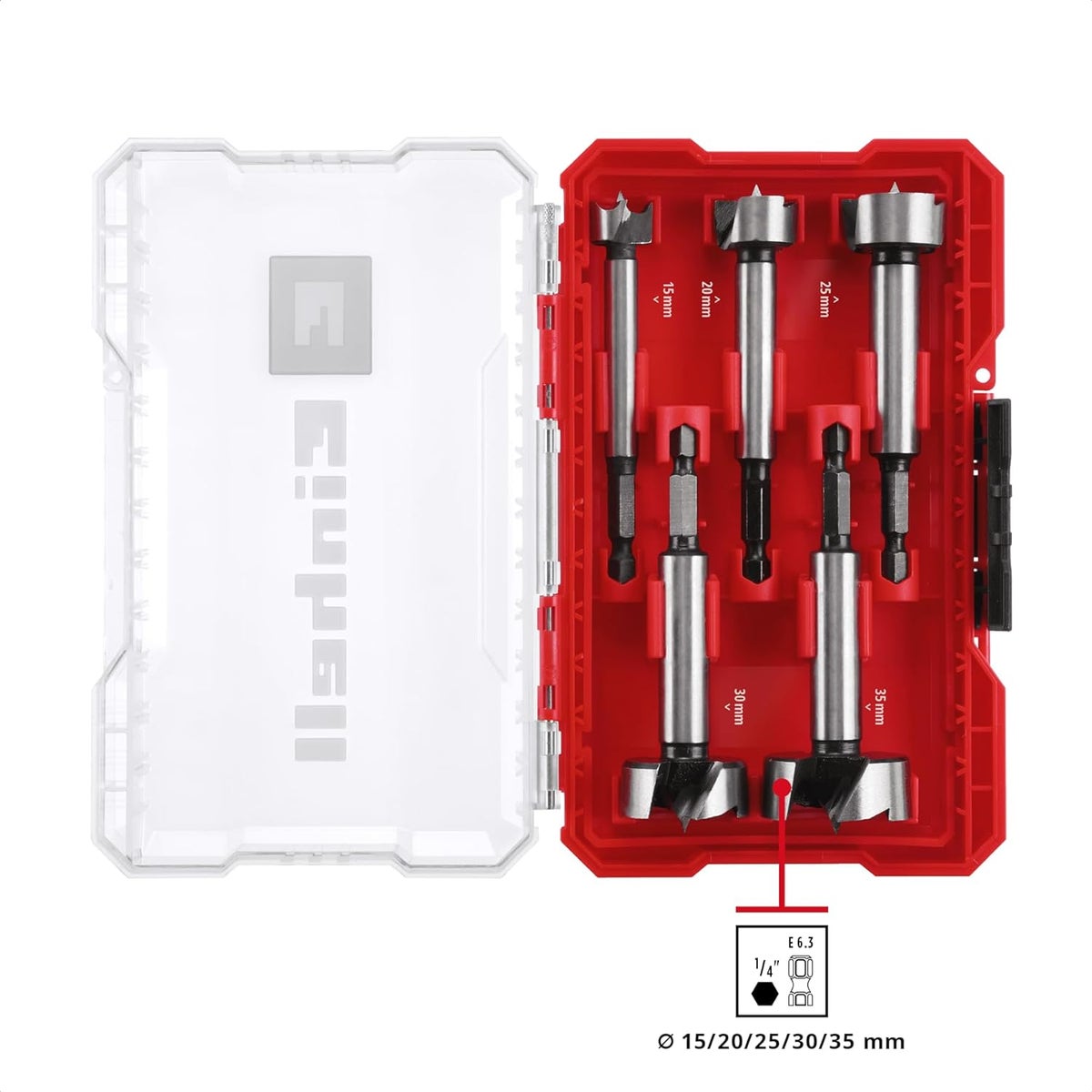 Originele Einhell M-CASE 5-delige Forstnerboorset (gemaakt van C65-staal, E 6.3-schacht, beitelrand, centreerpunt, conische kopvorm, 4-zijdig gesloten voorsnijrand inclusief opbergdoos)