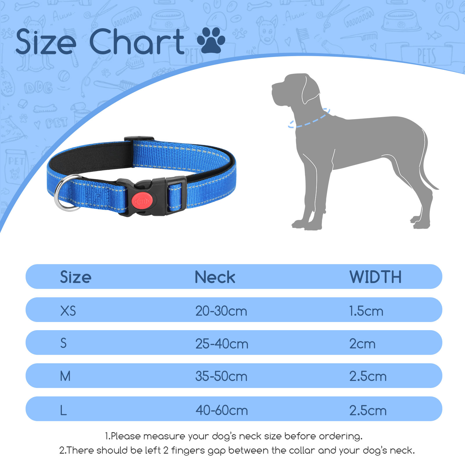 Nobleza - 2 coleiras para cães, coleira de nylon macia e acolchoada com detalhes refletivos, coleira ajustável para cães grandes com trava de segurança, coleiras para treinamento de cães (G, azul)
