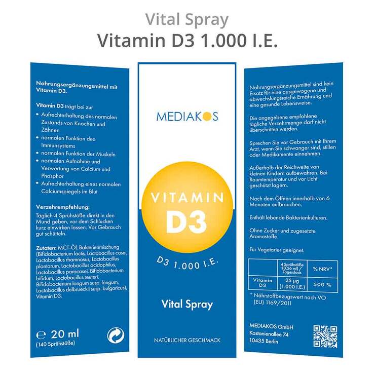 Vitamin D3 1000 I.E. Mediakos Vital Spray, 20 ml