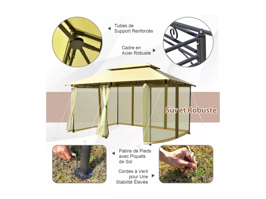 Tonnelle de Jardin 3,9 x 2,9M en Acier avec Rideaux Moustiquaires Amovibles et Toits Doubles, Tente de Réception pour Pique-Nique Festival Mariage (Beige)