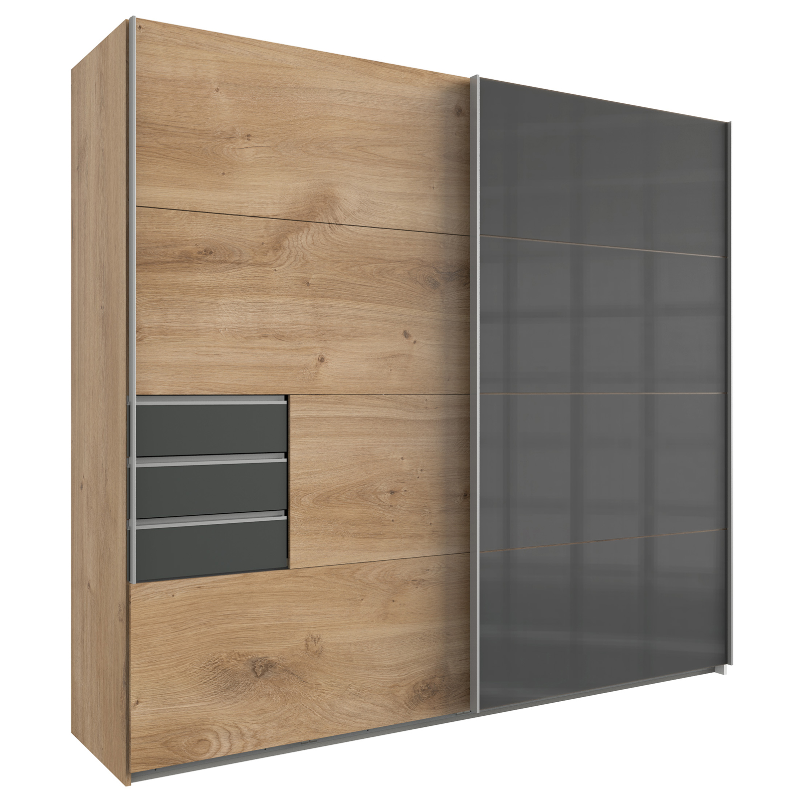 Schwebetürenschrank - Plankeneiche - 3 Schubkästen - 225 cm