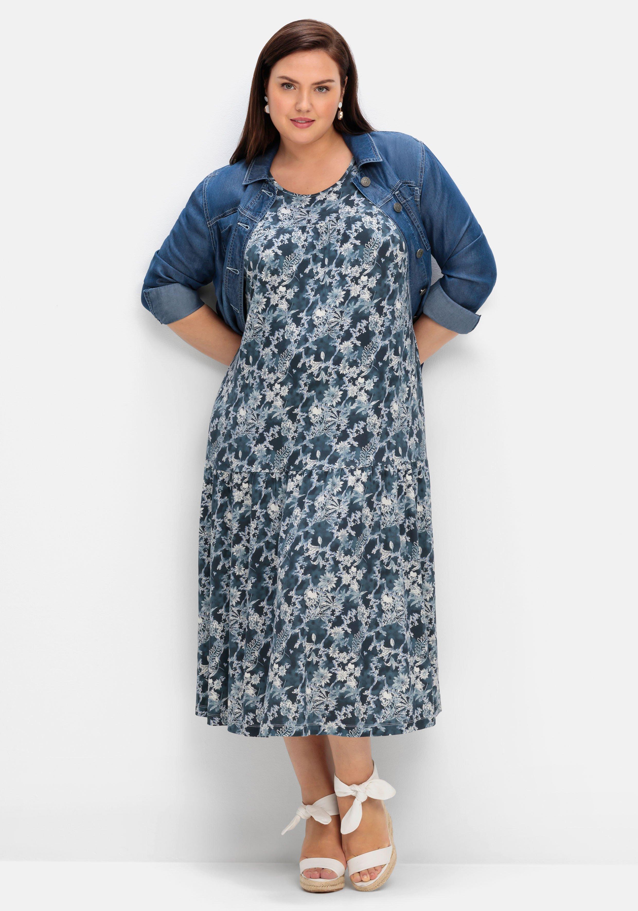 Stufenkleid mit Blumendruck, in Midilänge