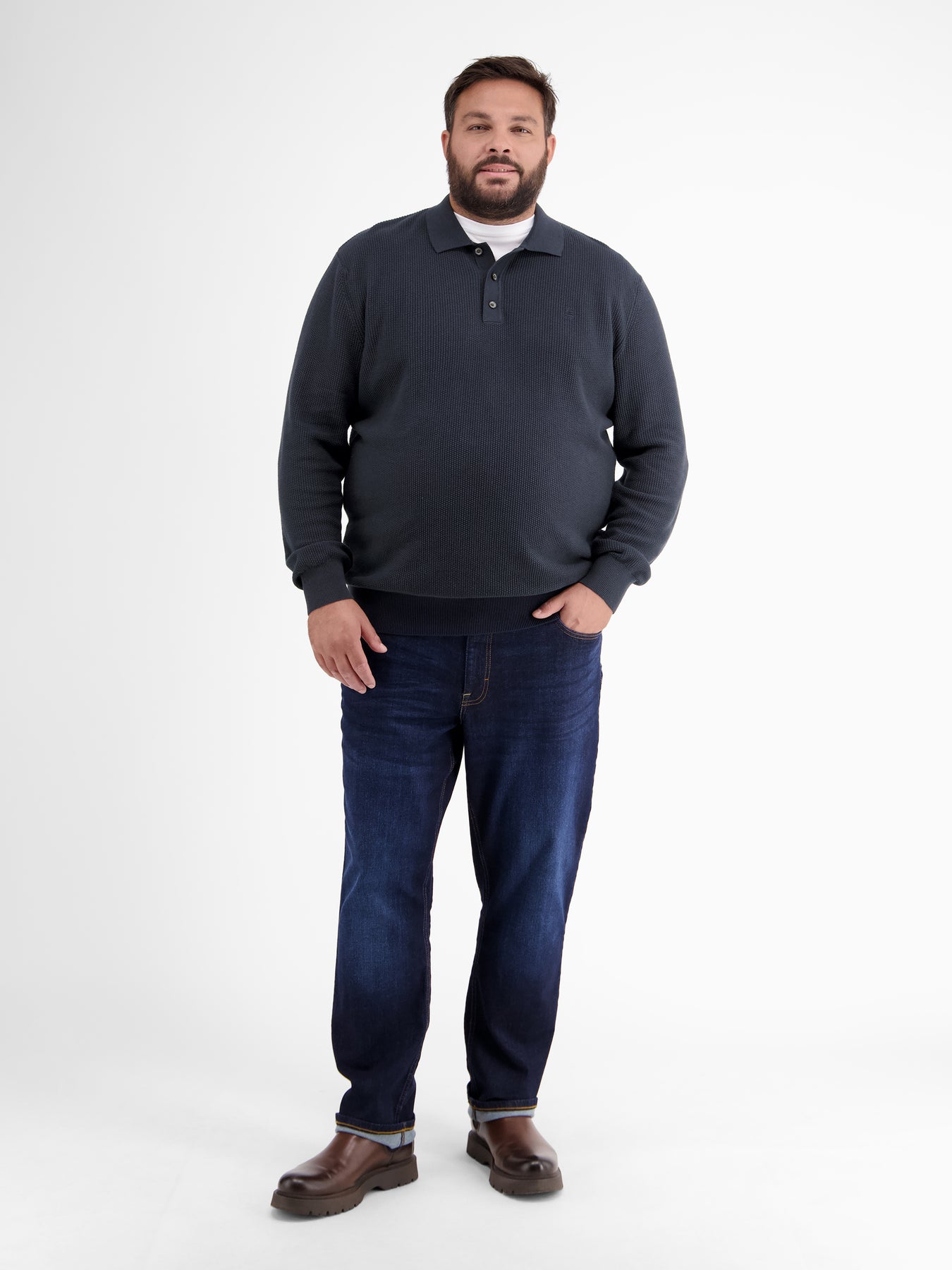 Langarmpoloshirt in Übergröße, gestrickt