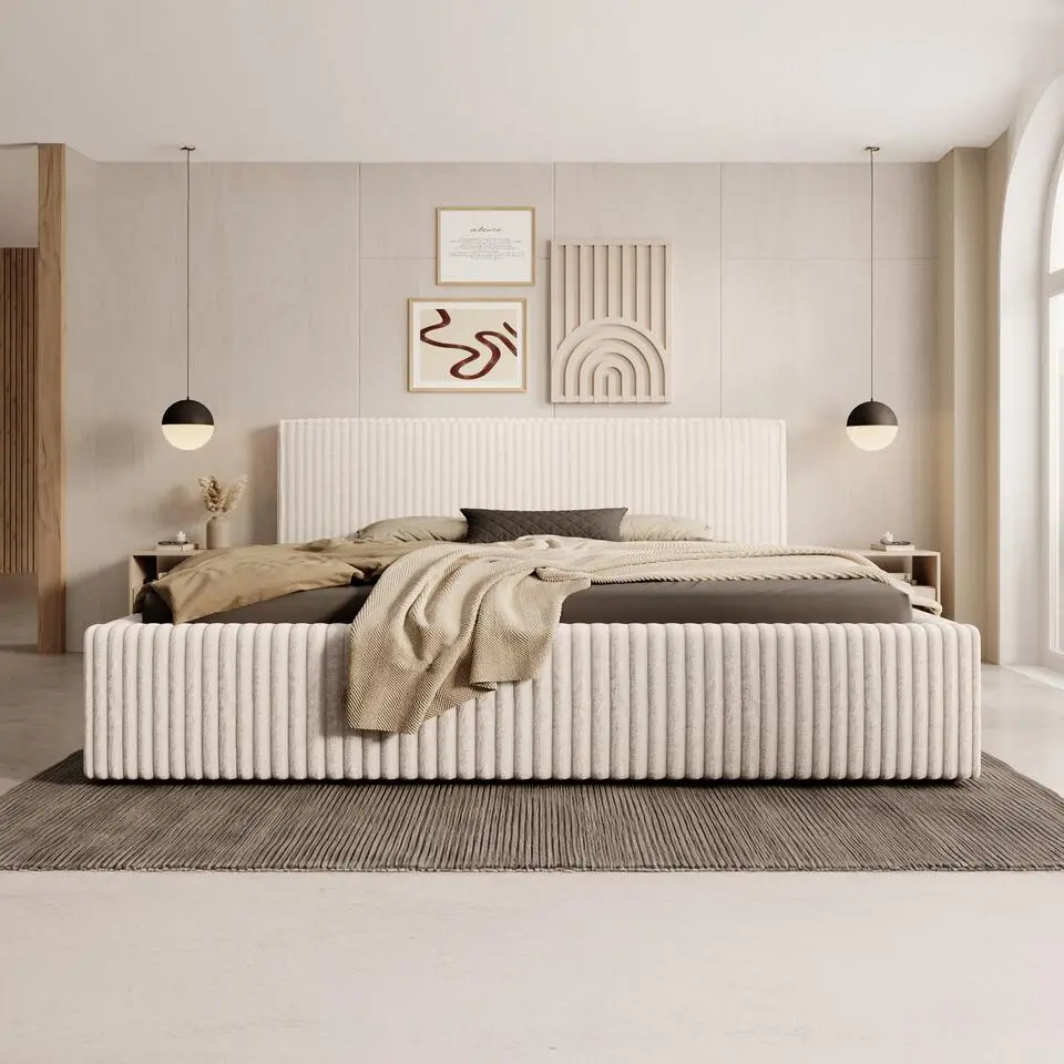 Meubella - Tweepersoonsbed Infinity - Beige - Fluffy ribstof - 180x200 cm