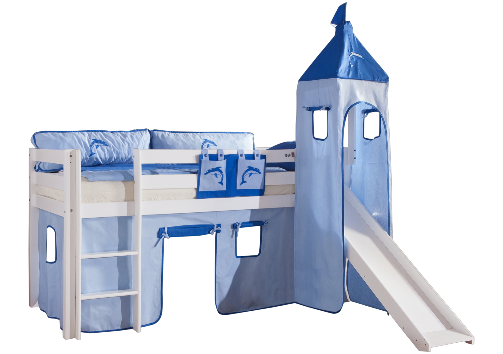 Halbhochbett ALEX - weiß - Buche massiv - Rutsche und Turm - 90x200 cm