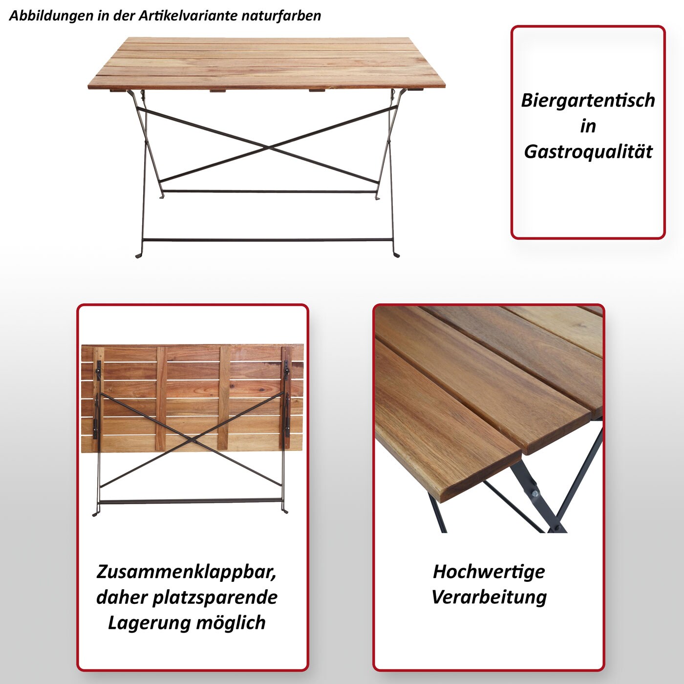 Biergartentisch MCW-J40, Klapptisch Gartentisch, Gastronomie-Qualität Akazie MVG-zertifiziert 120x60cm ~ naturfarben