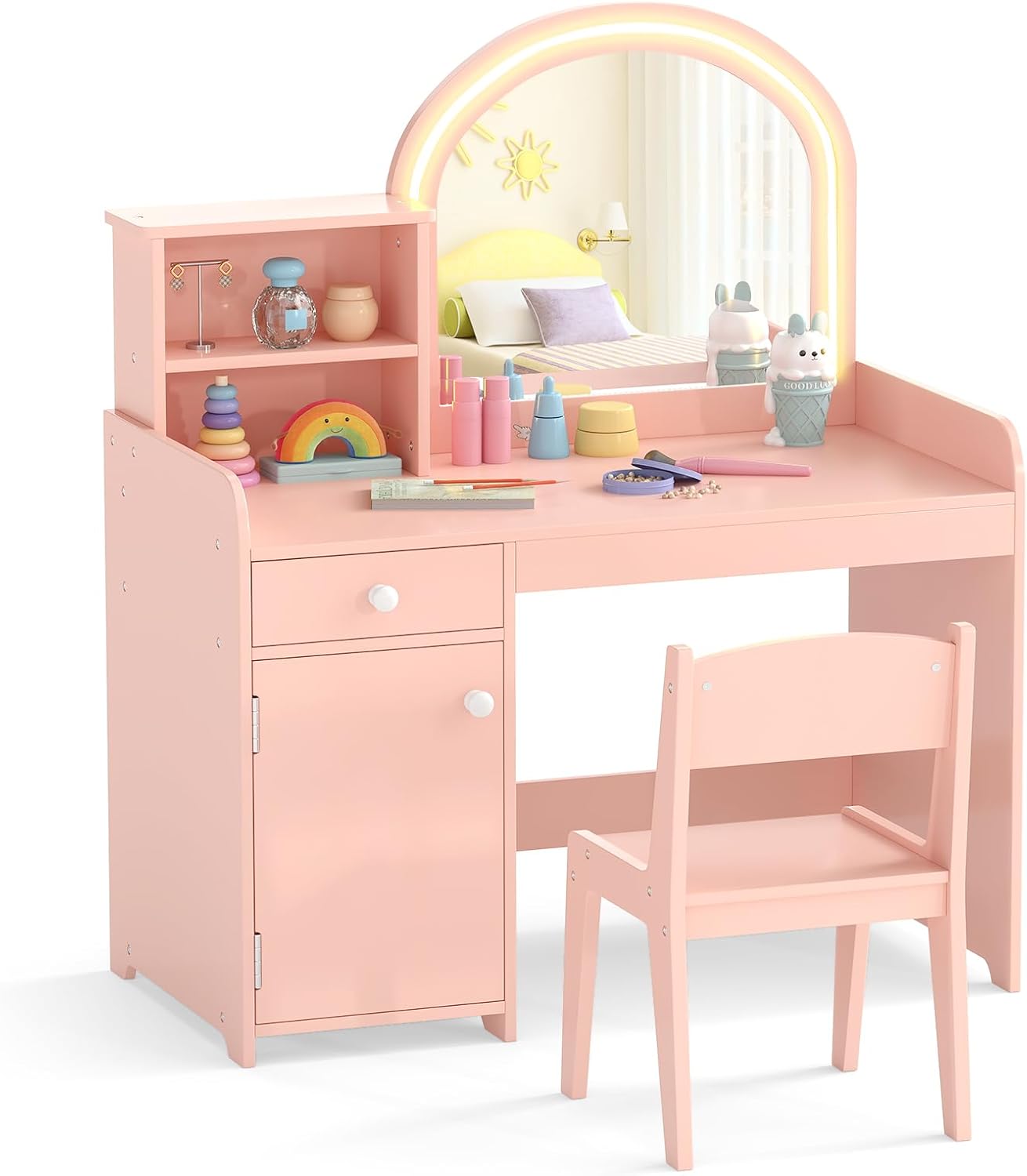 COSTWAY 2 in 1 Kinder Schminktisch Set, Frisertisch mit Hocker, LED-Leuchten, Spiegel, Schrank & Schublade, Kosmetiktisch Schminkkommde mädchen aus Holz für Kinder ab 3 Jahren (Hellrosa)
