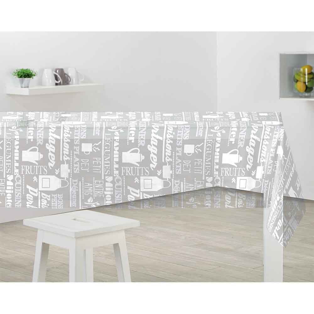 Nappe rectangulaire toile cirée inscriptions gris blanc 140x250 cm