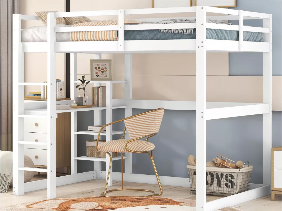 Lit mezzanine 140x200cm en bois massif - avec bureau et étagères - Blanc