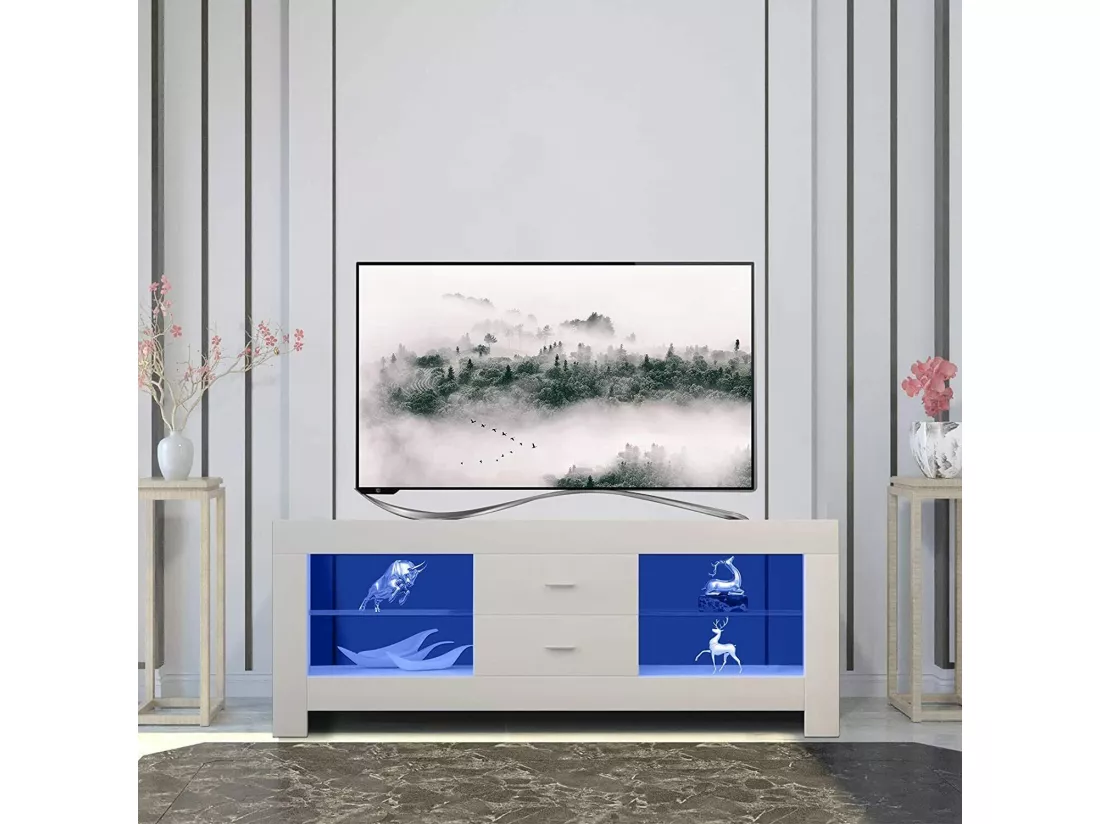 Meuble TV Blanc Brillant avec LED Lumineuse, Banc TV Moderne, Etagère en verre, 2 Tiroirs, Meuble Salon, 130x35x50cm
