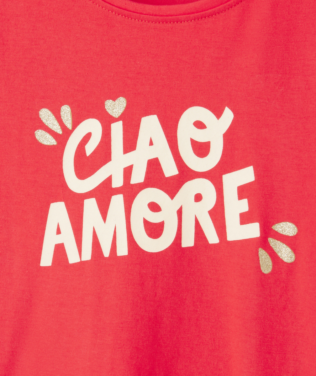 T-SHIRT FILLE EN COTON BIOLOGIQUE ROUGE AVEC MESSAGE CIAO AMORE