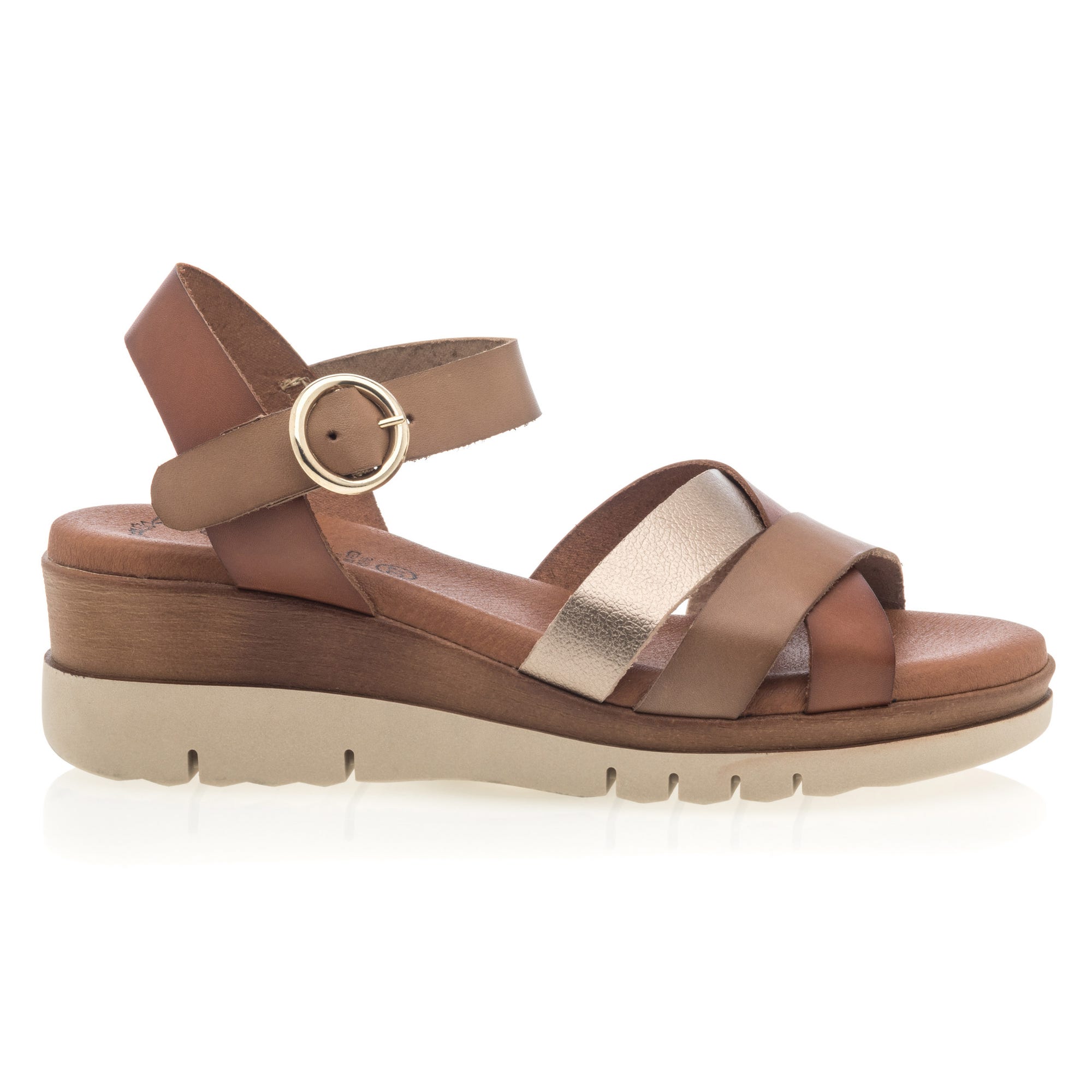 Sandales à talon compensé Femme en cuir cognac