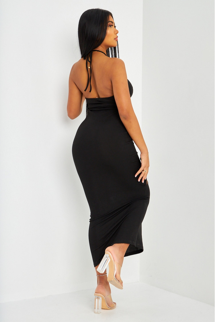 Robe longue noire ajourée à anneaux