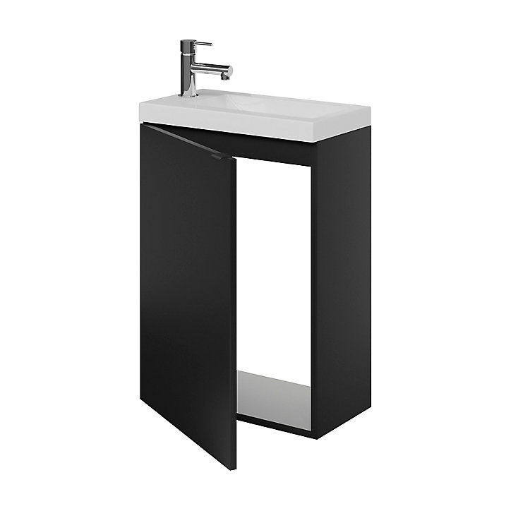 Ensemble lave-mains l.45 cm meuble à suspendre Imandra noir mat + plan vasque résine blanc