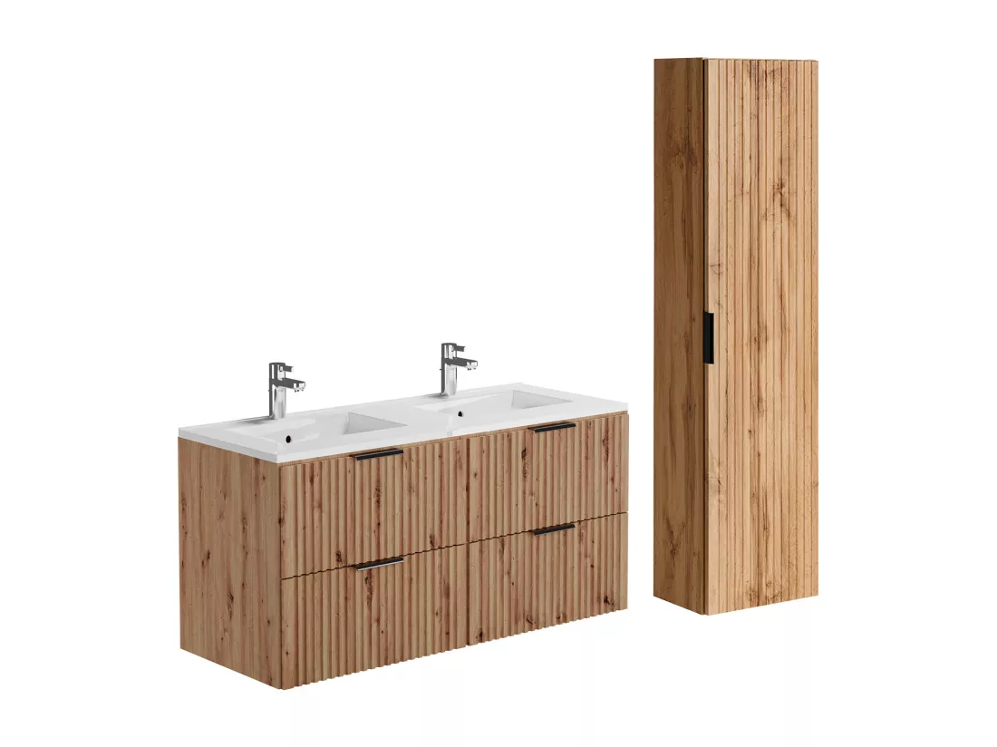 Meuble de salle de bain suspendu strié avec vasque à encastrer et colonne - Naturel clair - 120 cm - ZEVARA