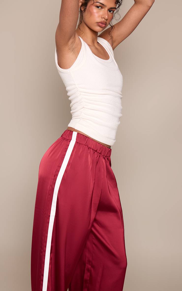 Rouge Pantalon Large En Satin À Bandes Contrastées