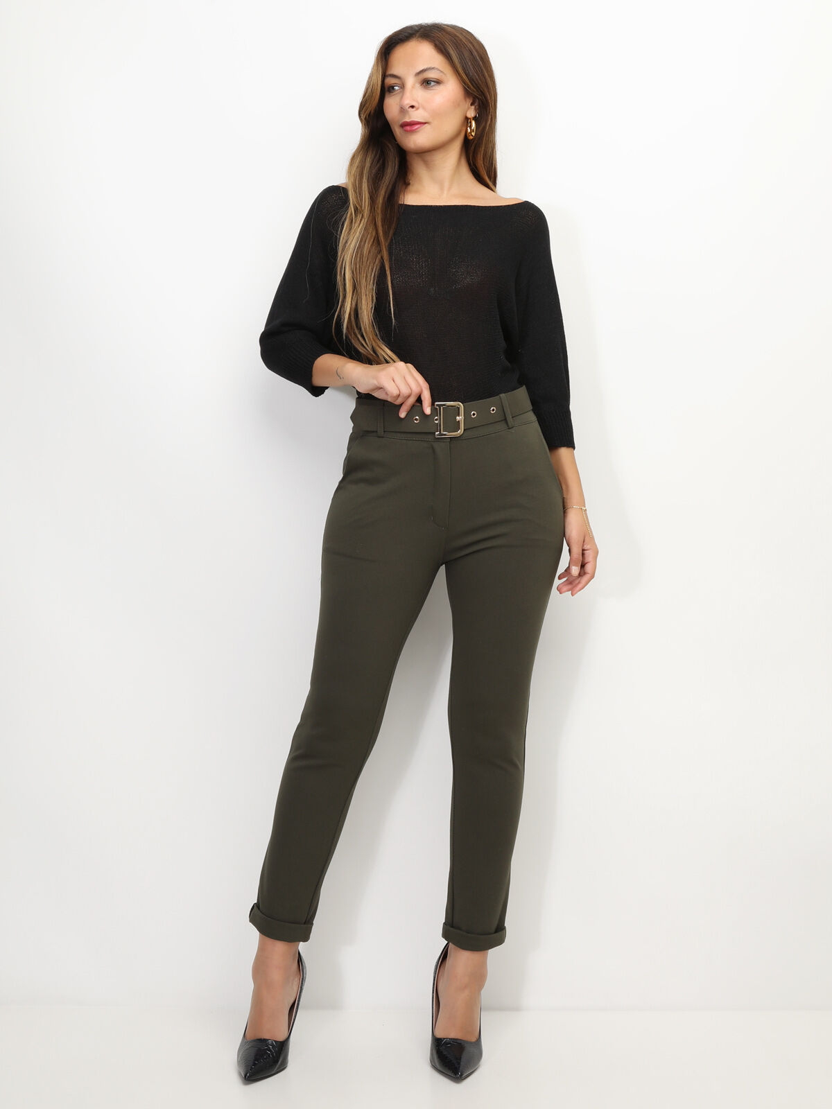 Pantalon classique à ceinture- Kaki