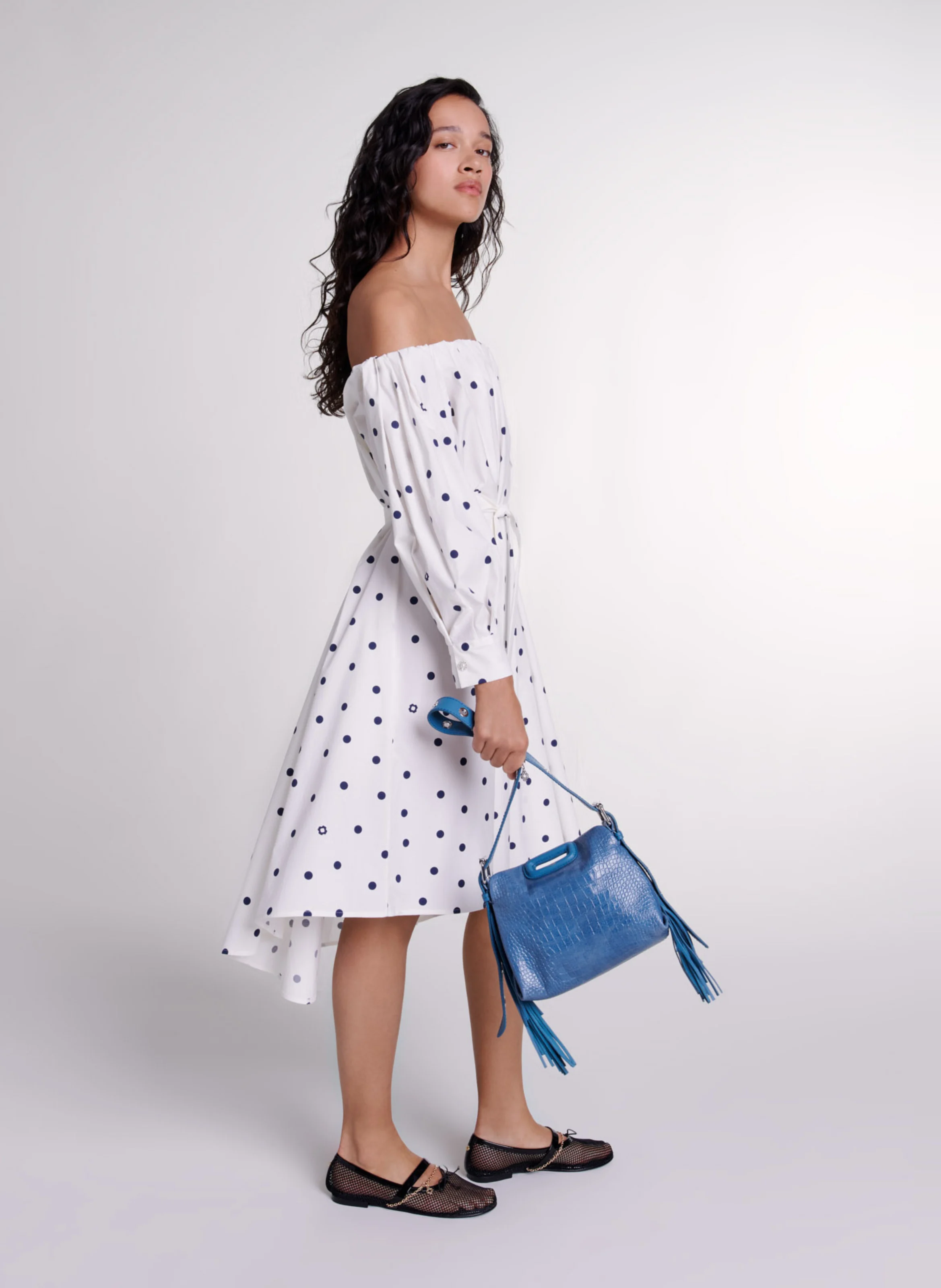 Robe chemise ajustée encolure bardot en coton mélangé imprimé | Multicolore