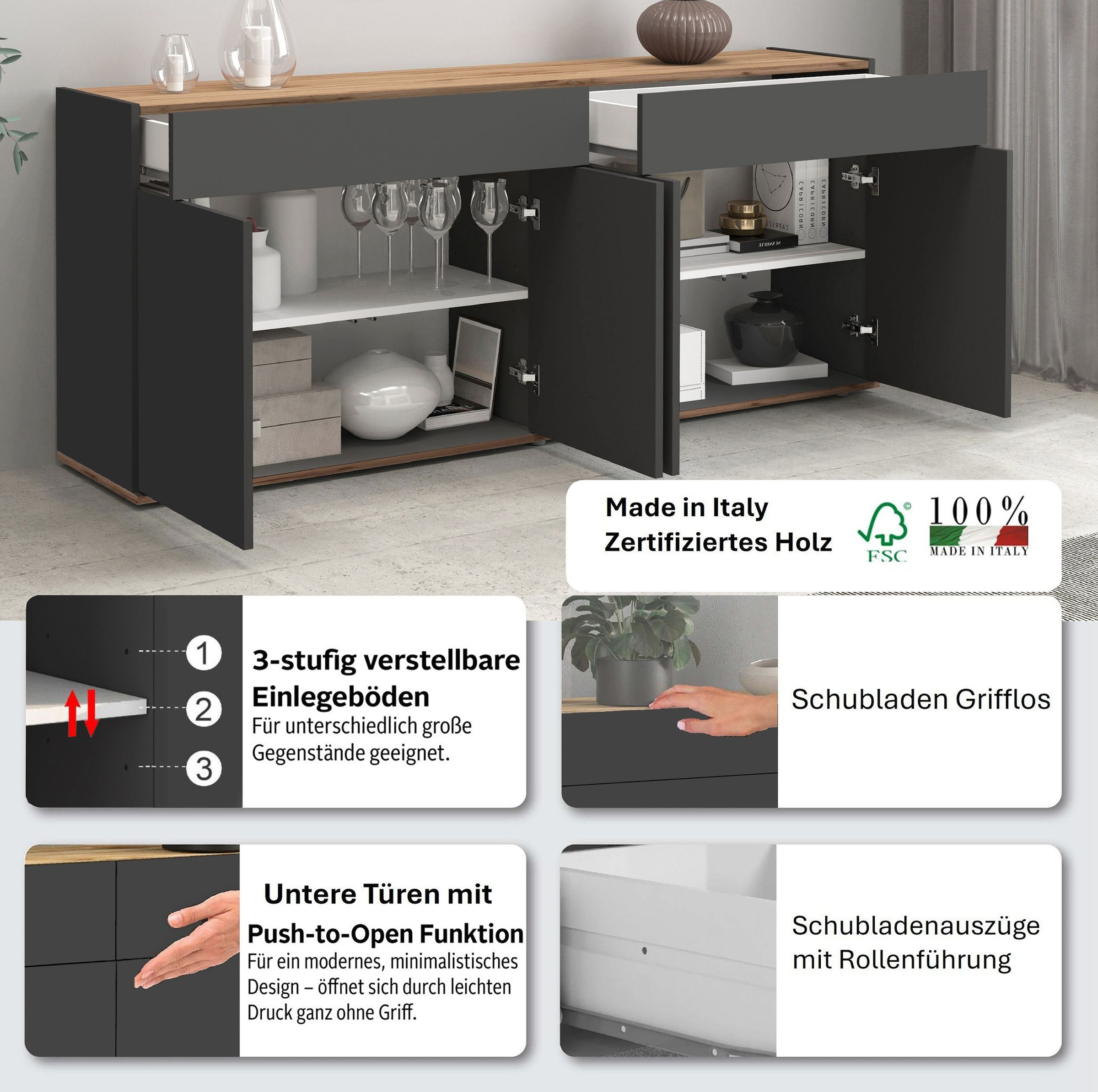 INOSIGN Sideboard »Garda Kommode, Schrank, 4 Türen mit Push-to-Open, Made in Italy« 4 Türen, 2 Schubladen, grifflos  Breite 160,1 cm