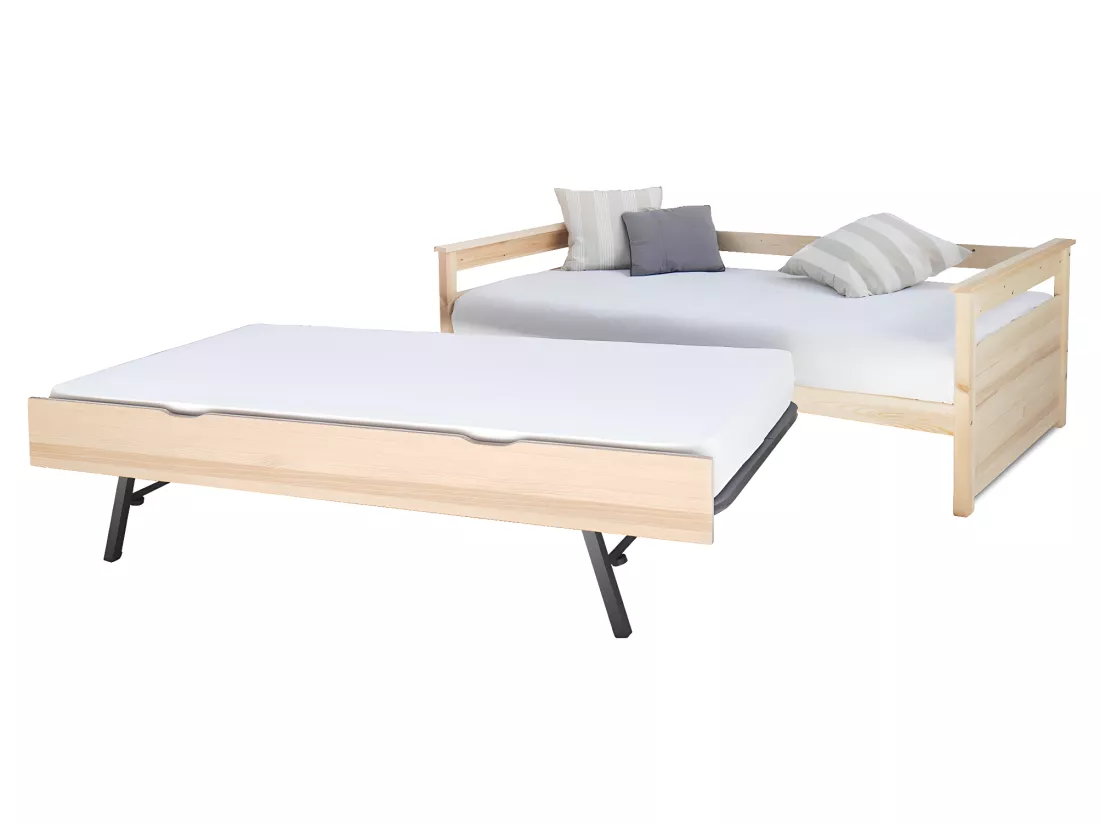Pack lit gigogne avec 2 matelas 90x200 cm bois massif bois naturel IZAO