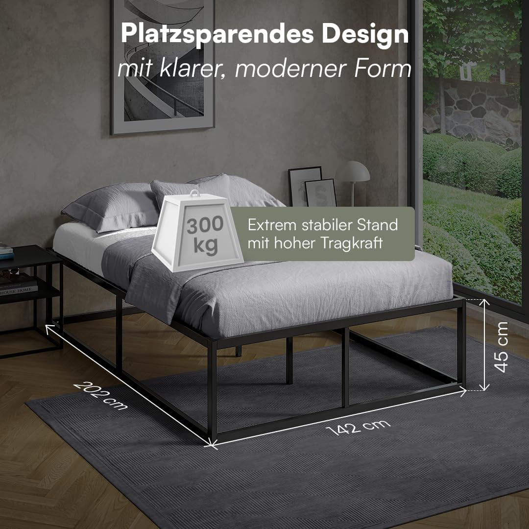 skølm Bragi Metallbett 140x200 cm – Bett aus Metall mit Lattenrost – stabiles Metall Bettgestell Schwarz – Bettrahmen geeignet als Doppelbett – Doppelbettgestell 45 cm hoch – Gästebett mit Stauraum