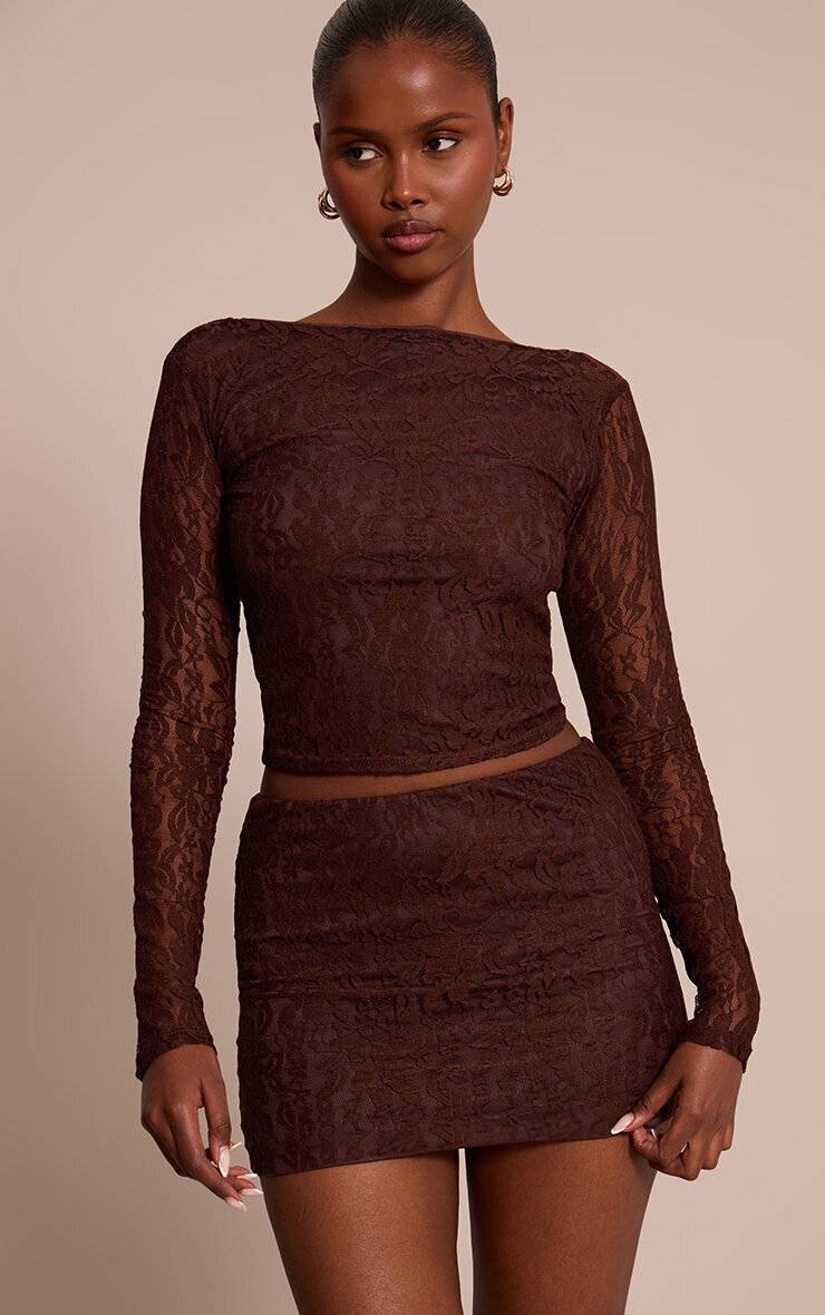 Marron Jupe Mini En Dentelle Taille Mi-haute Ensemble Coordonné
