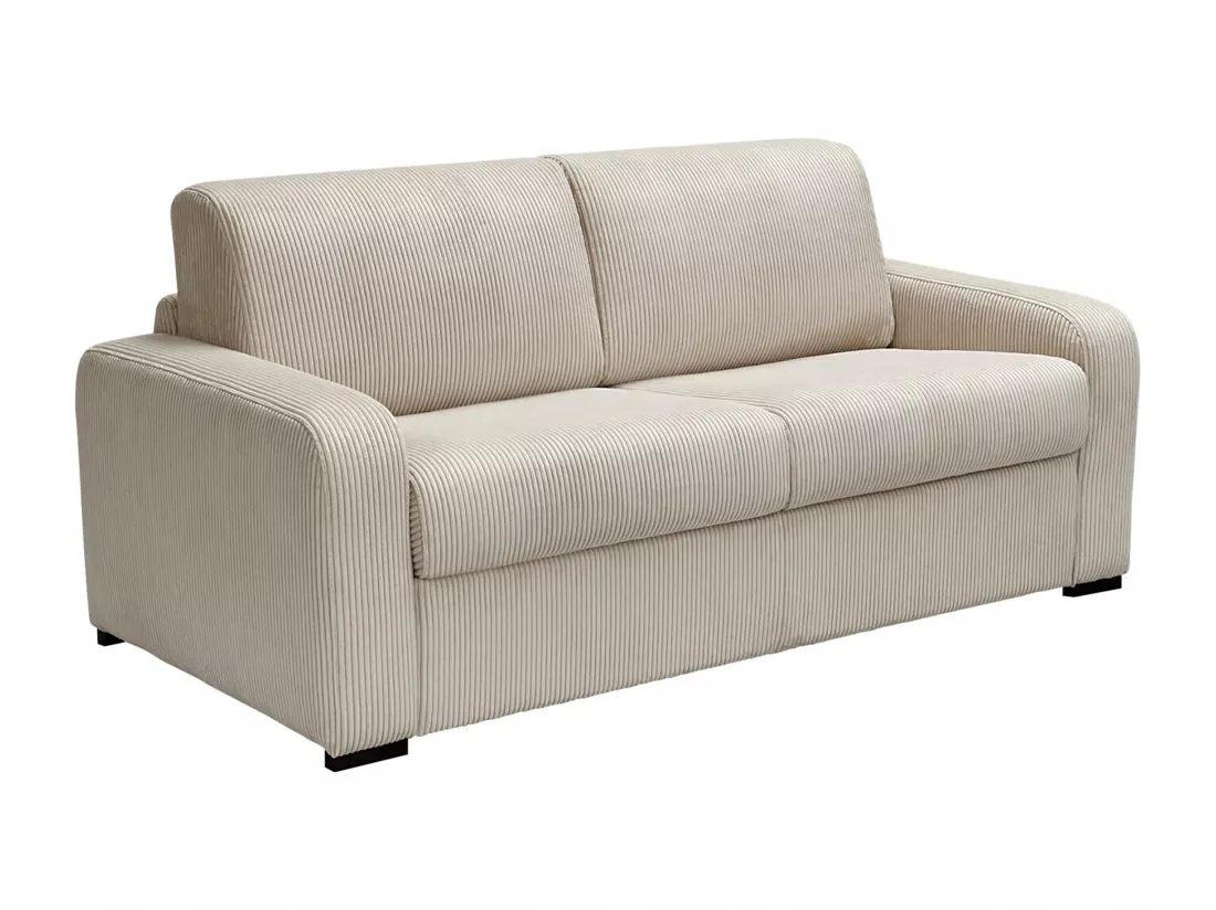 Canapé 3 places convertible express en velours côtelé beige - Couchage 140 cm - Matelas 16 cm - BEVIS