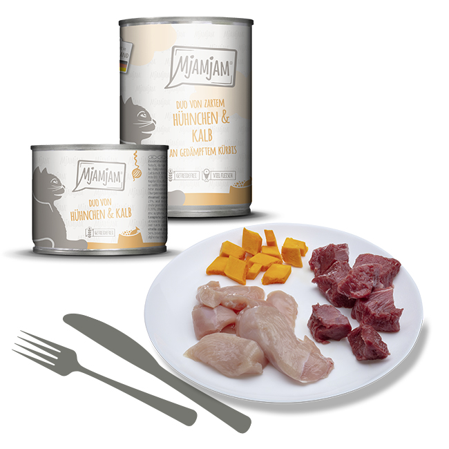 DUO von zartem Hühnchen & Kalb an gedämpftem Kürbis