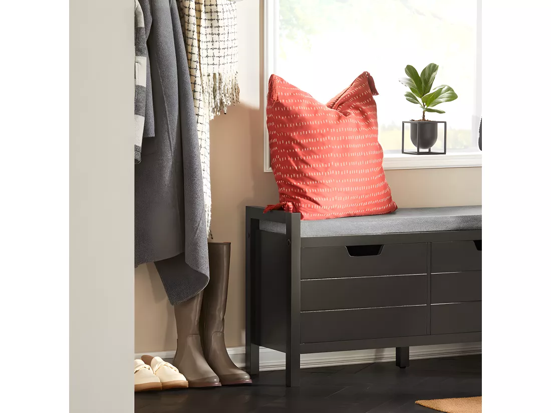 Banc De Rangement Meuble Bas Entrée Avec Coussin Rembourré Et 2 Portes, Fsr63-sch