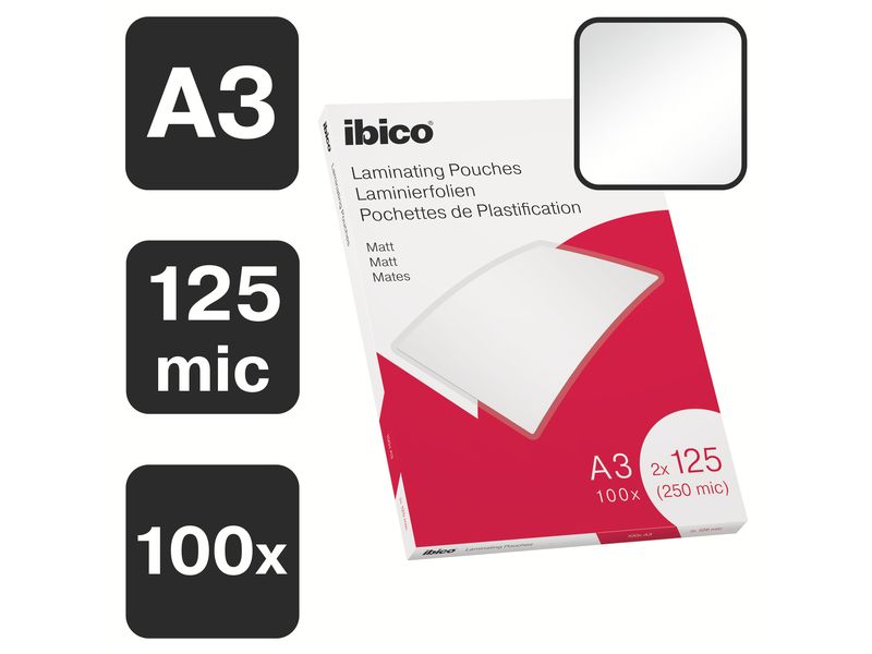 Ibico Laminierfolie Premium A3 125 µm, matt, 100 Stück Matte Premium Heisslaminierfolien, entspiegelt