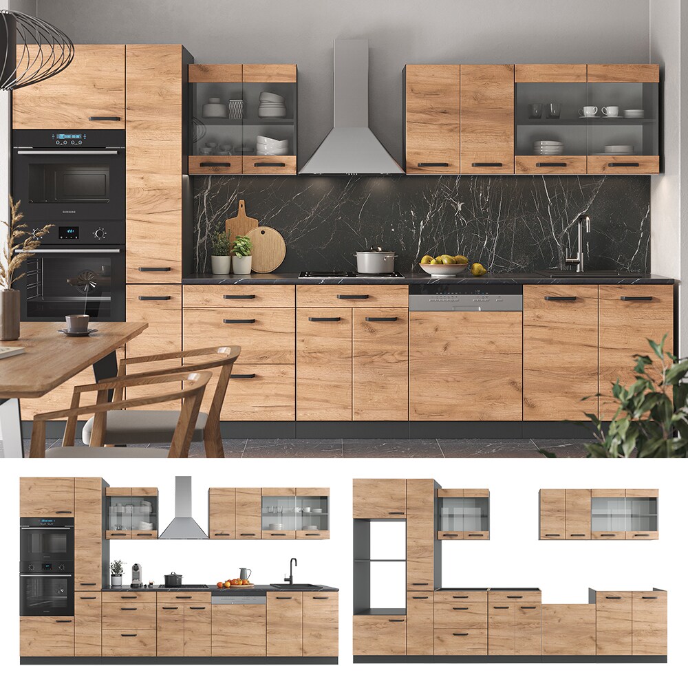 Vicco Küchenzeile Küchenblock Einbauküche R-Line 350 cm Anthrazit Eiche Küche