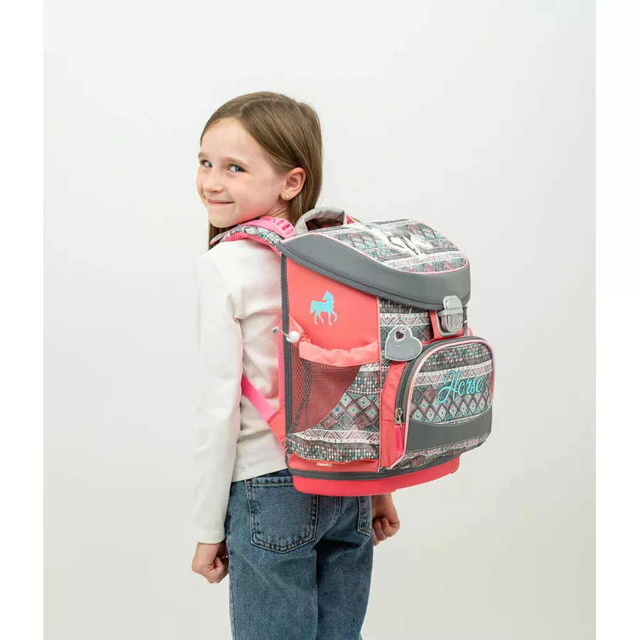 Belmil Schulranzen Mini Fit Schulranzen Set 4-teilig mit Brustgurt Horse Aruba Blue