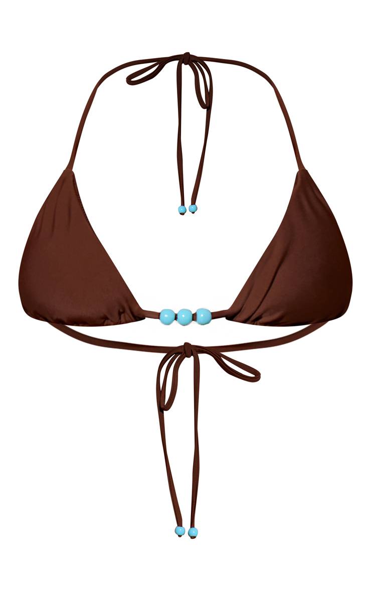 Chocolat Haut De Bikini Triangle Avec Bordure De Perles Contrastantes