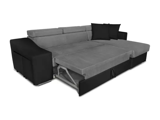 Canapé d'angle Elona convertible bi-matière Gris et Noir avec poufs de rangement à gauche - L264 x P162 x H75cm - Loungitude