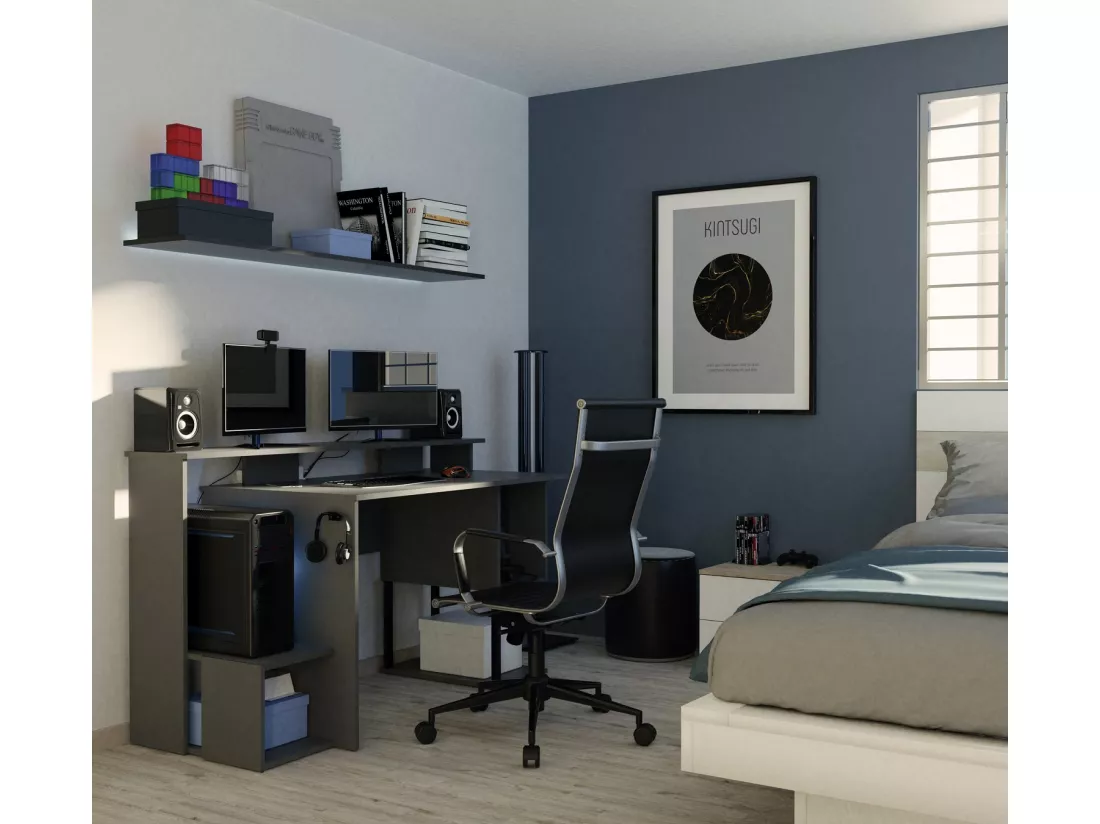 Bureau gamer, table de jeu avec compartiments en aggloméré avec finition grise - Longueur 150 x Profondeur 67 x Hauteur 77 cm