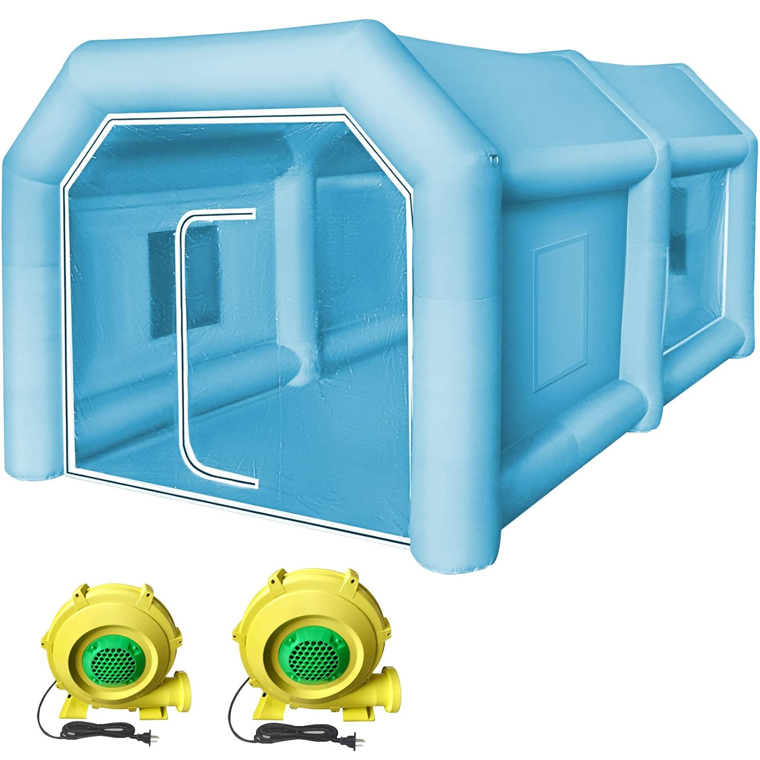 VEVOR Aufblasbares Spritzkabinenzelt nach Maß, Aufblasbares Lackierkabinenzelt 750 W + 350 W Auto Lackierkabine Arbeitsplatz 210D Oxford-Gewebe mit 2 Gebläsen 4 x 2,5 x 2,2 m Blau Autoparkgarage