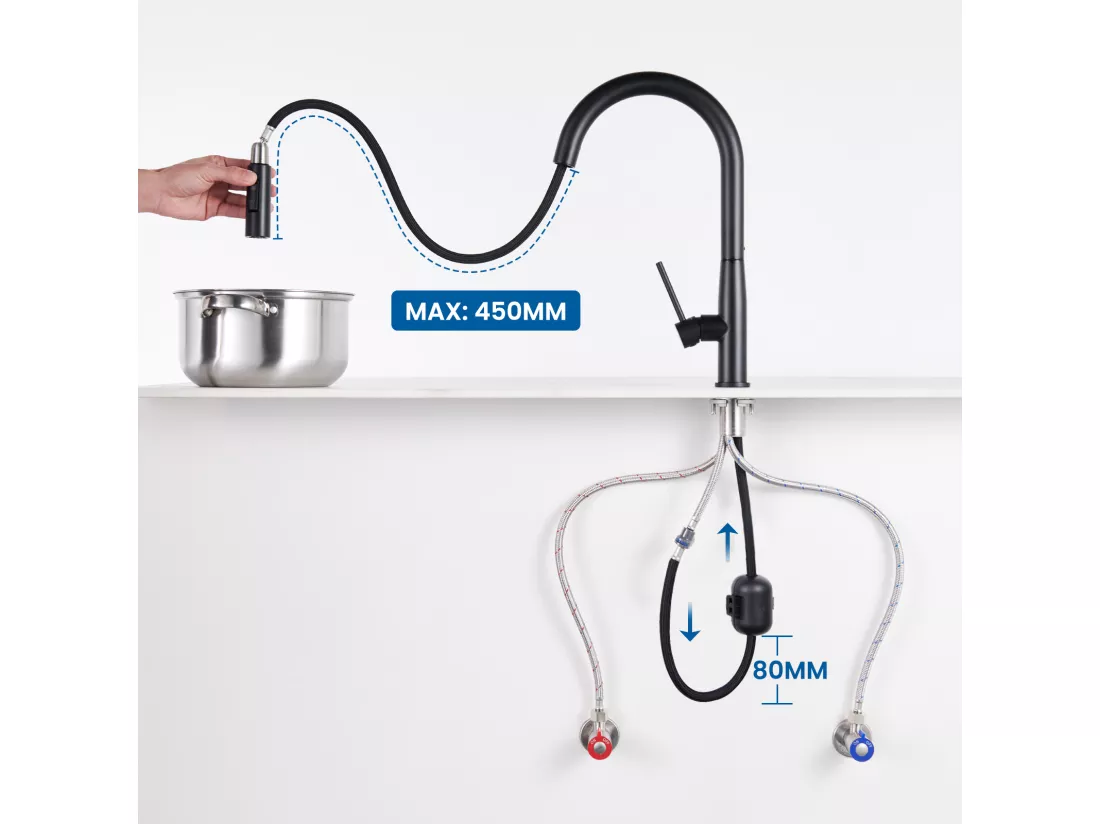 Robinet Cuisine Douchette,Mitigeur Cuisine avec Douchette, Robinetterie Cuisine avec Douchette Extractible Rotatif 360° Eau Froide/Chaude,Noir
