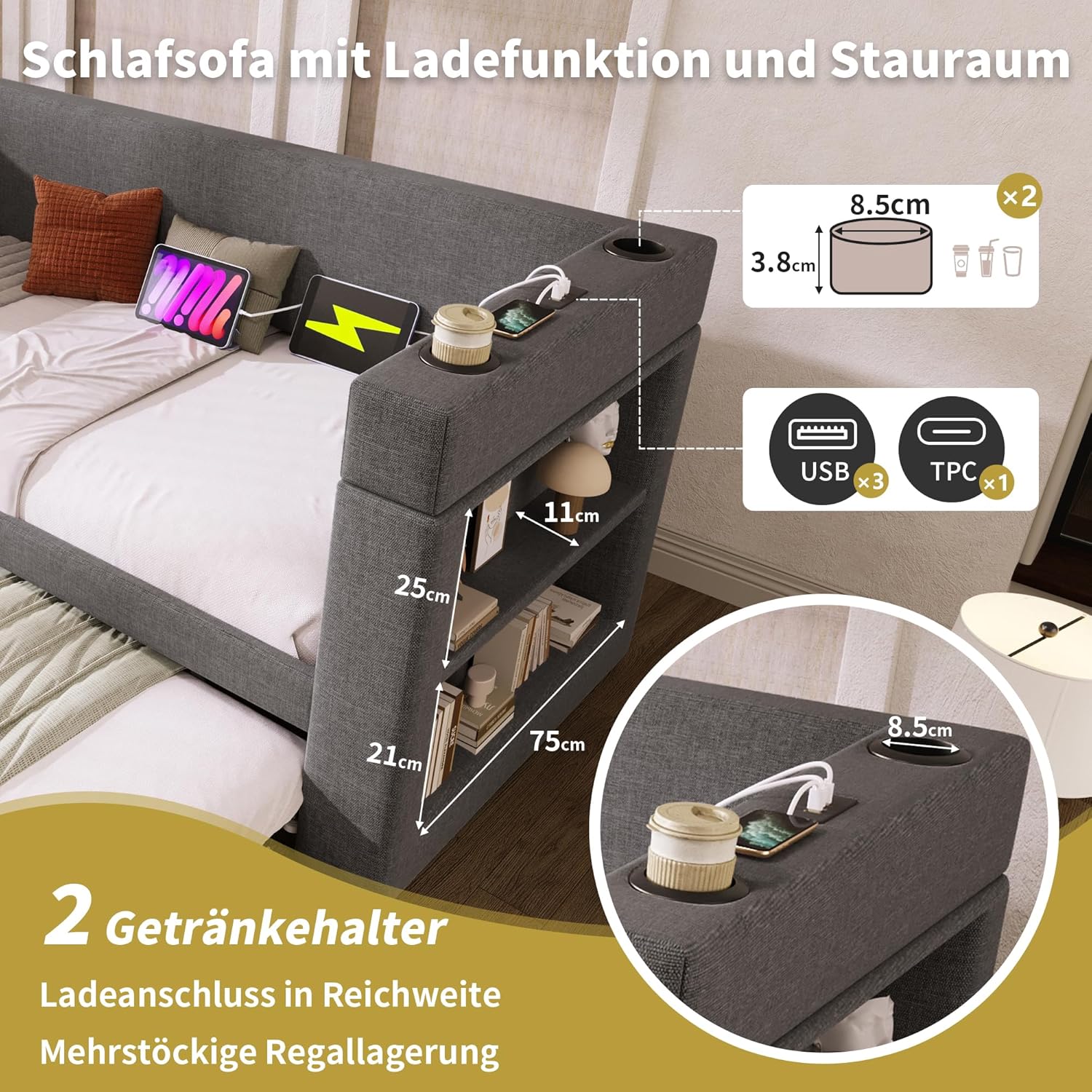 Merax Polsterbett Ausziehbares Schlafsofa 90/180x190 cm mit Lattenrosten, Daybett mit Ausziehbett, Armlehnen mit USB & Type-C Ladeanschluss und Getränkehalter, Leinen, Grau (ohne Matratze)
