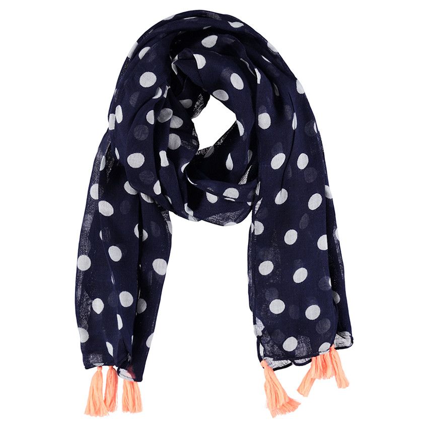 chèche en voile de viscose à pois avec pompons - Bleu marine