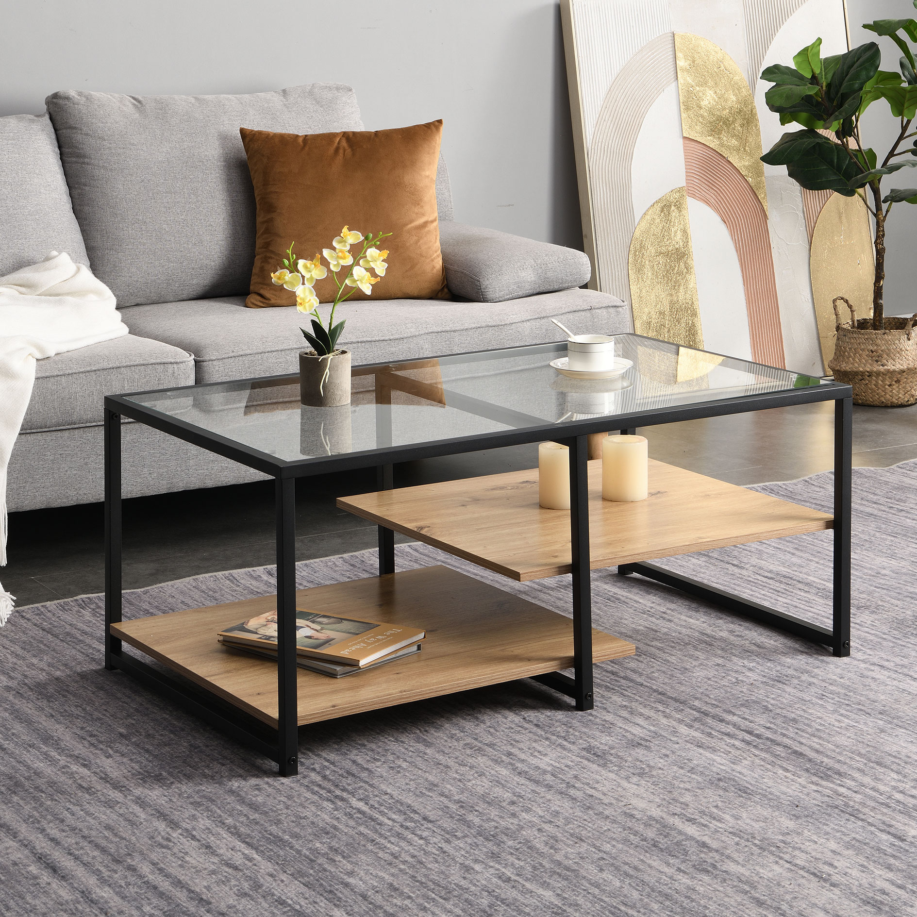Couchtisch - Artisan Eiche - schwarz - Glas - 100 cm
