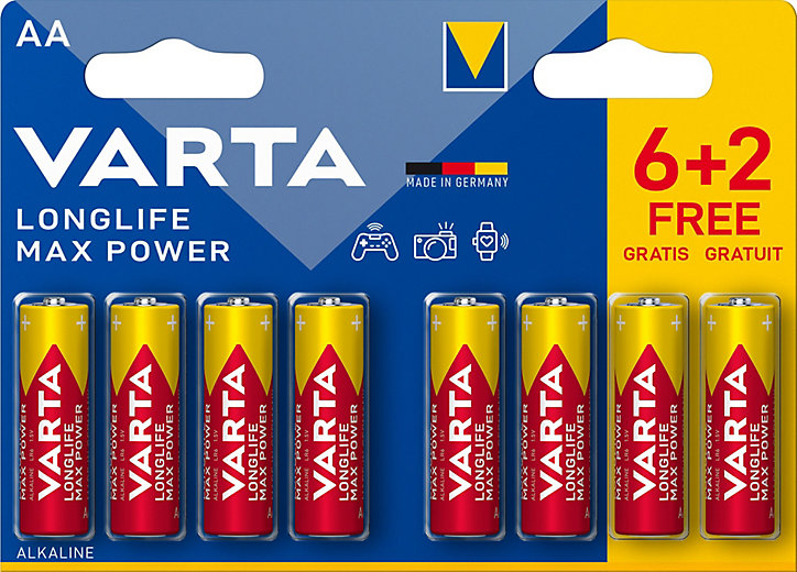 Pile alcaline AA (LR6) Varta Max Tech, lot de 6 + 2 gratuites