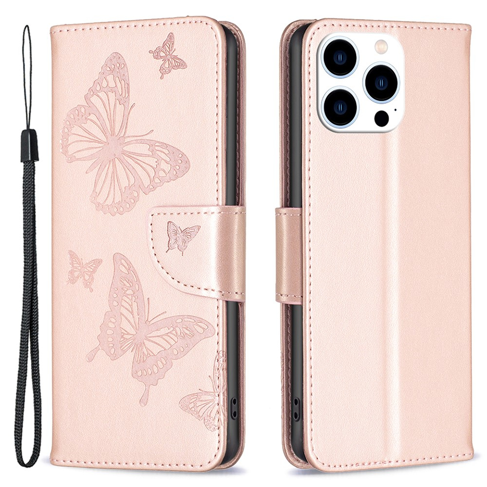 iPhone 15 Pro Leder Tasche mit Kartenfach   Handschlaufe Schmetterling - Roségold