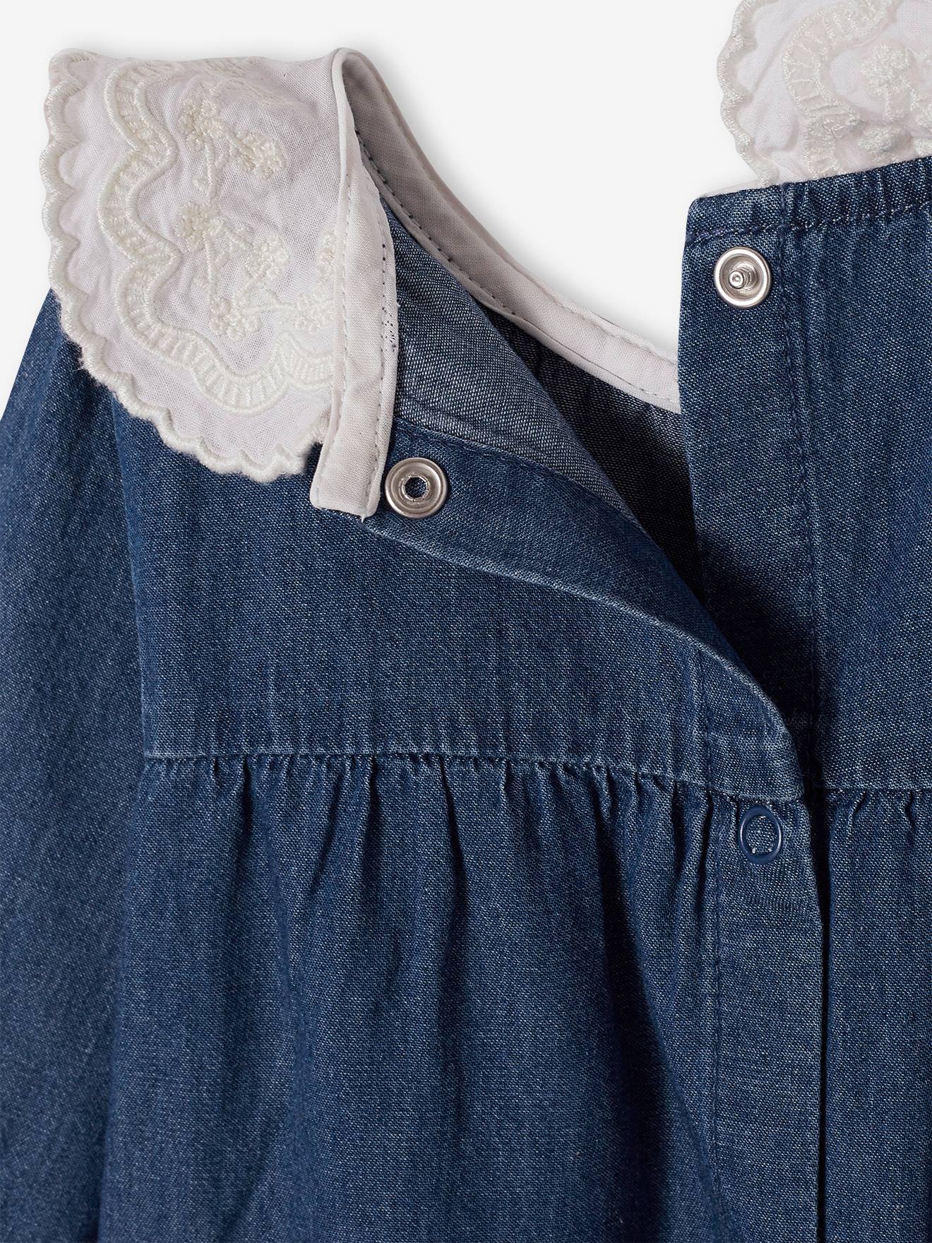 Vestido jeans com gola de chiffon bordada para bebê pedra