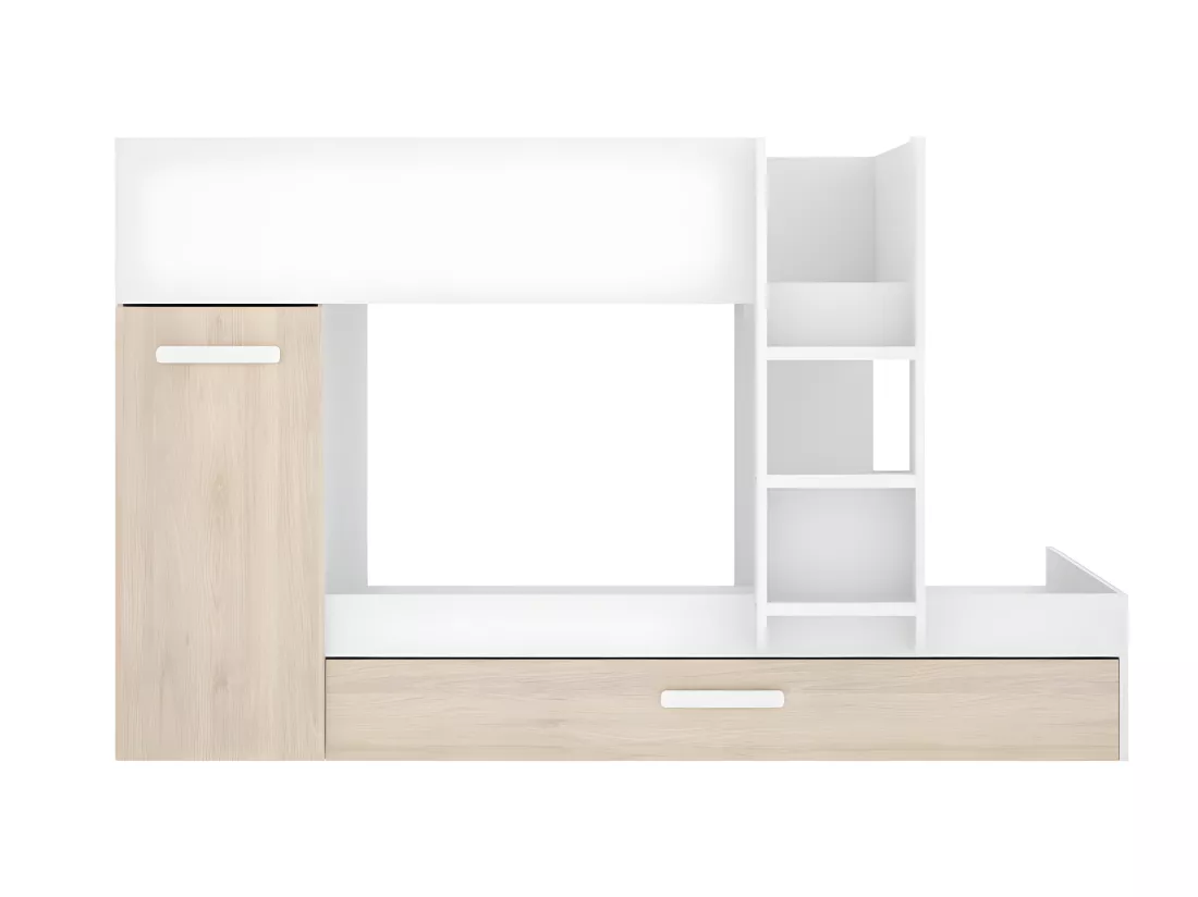 Lits superposés avec tiroir lit gigogne et rangements 3 x 90 x 190 cm - Blanc et Naturel - ANTHONY